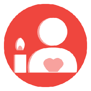 Piirretty ihminen jolla punainen sydän rinnassa ja vieressä palava kynttilä punaisella taustalla.