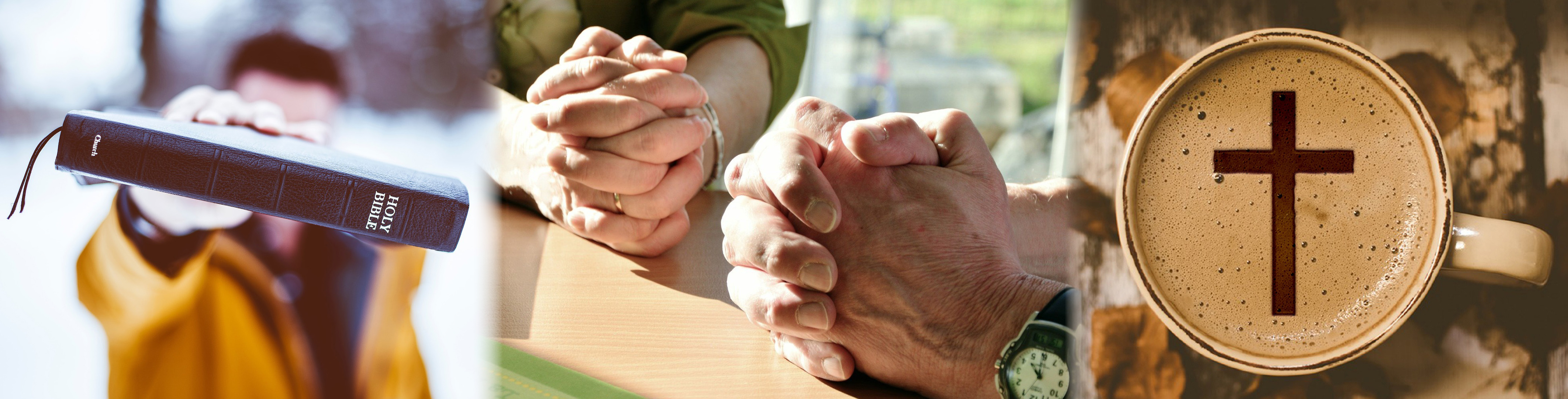 Kuvakoosteessa mies ja Raamattu, kahden rukoilevan kädet ja risti kahvimukissa.